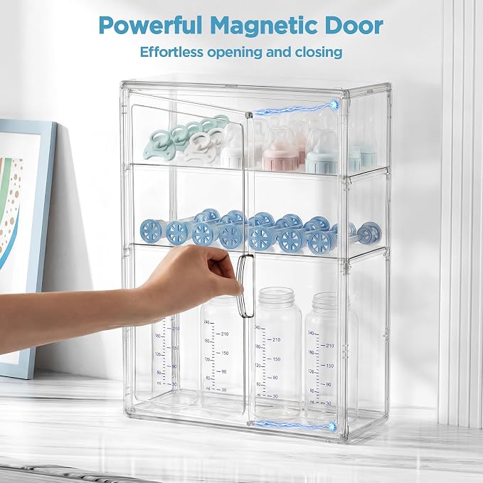 HBlife Baby Bottle Storage Organizer for Countertop Cabinet, 3 Tiers Adjustable Clear Acrylic Bottles Storage Station Case Box Container with 2 Removable Dividers and Magnetic Door, Medium - Image 4