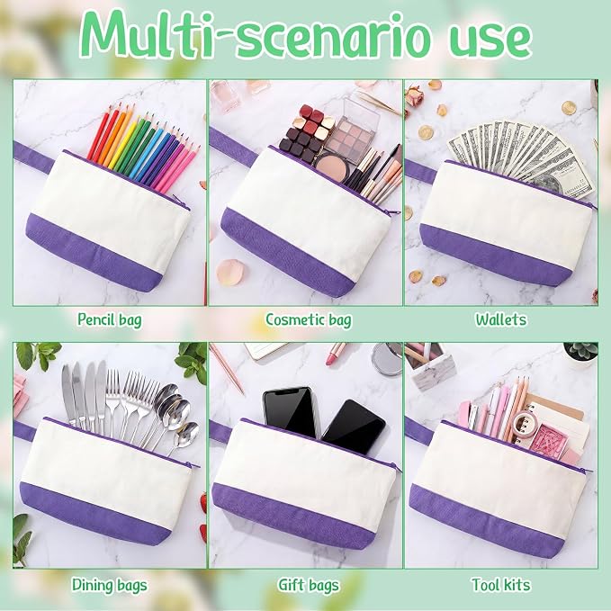 Sanwuta 30 Pcs Canvas Tote Bags Bulk with Zipper Cosmetic Pouch,Purple | 18.5" Reusable Cotton Shopping Bag with Handle for DIY Craft - Image 5