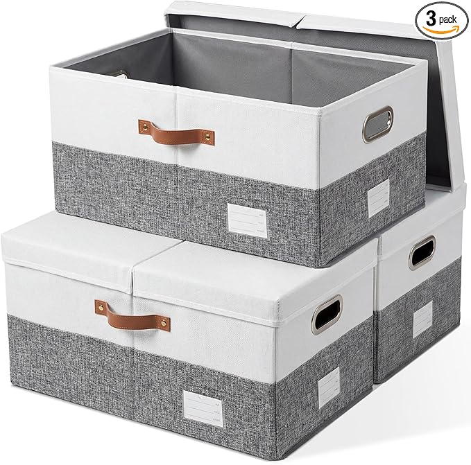 Storage Bins with Lids [3-Pack] Linen Fabric Foldable Storage Boxes Organizer Containers Baskets Cube with Cover for Bedroom Closet Office Grey&White (23.4X15.9X11.4) by Prandom