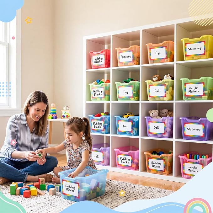 Funrous 48 Pack Plastic Cubby Bins for Classroom, Stackable Storage Bins with Rainbow Labels and Handles Cubby Organizer Containers for Teacher Supplies Home Office Daycare and Playroom (Bright) - Image 4