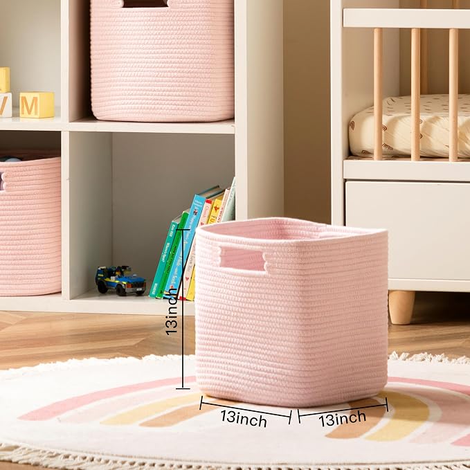Dreamcountry 13x13 Cube Storage Bins, Storage Cubes with Handles, 4 Pack Cotton Rope Basket for Shelves, Cube Storage Organizer forToys, Book, Clothes, Home, Office, Nursery, Pink - Image 2