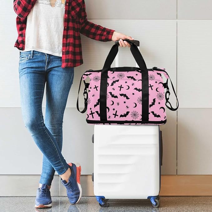Gothic Pink Travel Duffel Tote with Bats - Sports Weekender Overnight Gym Carry On Hospital Bag for Women & Men - Image 6