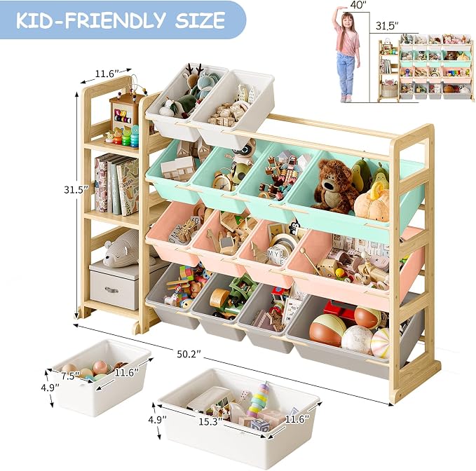 EXPERLAM Toy Storage Organizer, Toy Storage Shelf with 3 Shelves and 16 Storage Bins (12 Small + 4 Large), 3-in-1 Kids Bookshelf for Kids Rooms, Playroom, Nursery, Multi - Image 2
