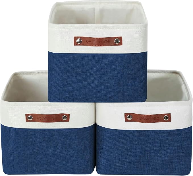 DECOMOMO Storage Bins, Extra Large Fabric Storage Baskets for Shelves 3Pack | 15.8 x 12.5 x 10 inches Decorative Linen Closet Organizers (Navy Blue & White) by DECOMOMO