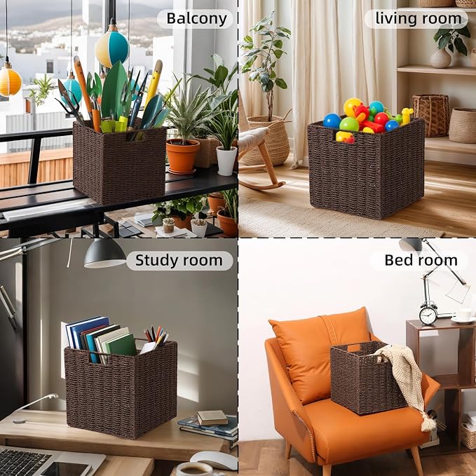 Set of 2 Hand-Woven Paper Rope Wicker Baskets,12x12x12in Storage Basket, Foldable Cube Storage Bins, Brown Storage Cubes, Square Baskets for Organizing Shelves Decor - Image 6