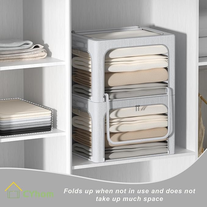 3 Openings Clothes Storage Bins Box - 3Pack Stackable Foldable Storage Bin - Metal Frame Storage Box Clothing Storage Organizer with Clear Window, Carry Handles (Light Grey, 100L-23.6x16.5x15.7in) - Image 3