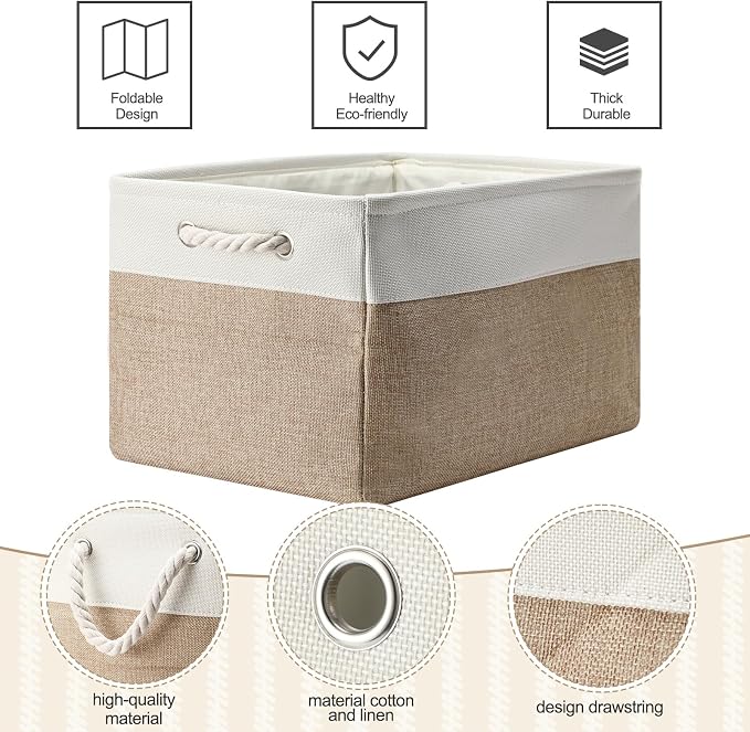 FoldTier 10 Pack Large Collapsible Fabric Storage Baskets with Handles Decorative Storage Bins for Organizing Shelves Toys Clothes(White & Beige,16 x 12 x 10 Inches) - Image 3