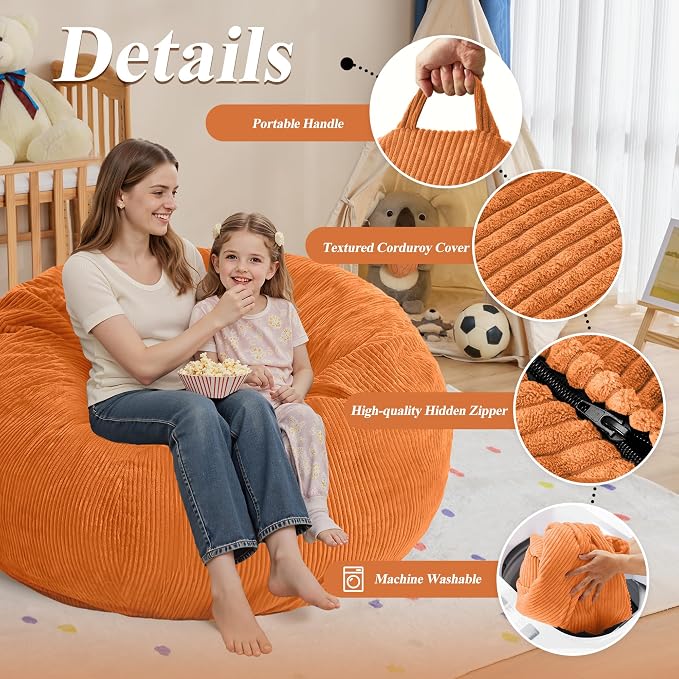 5FT Bean Bag Chair for Adults,Gaint Teardrop Beanbag with Filler | Beanbag Chair with Memory Foam Filled,Bean Bags with Handy Handle&Machine Washable Cover for Living Room,Bedroom-Orange - Image 5