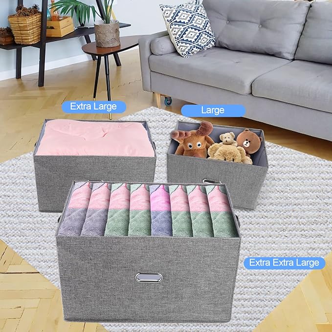 Large Linen Fabric Foldable Storage Bins with Removable Lid and Handles, Washable Storage Box Organizer Containers Baskets Cube with Cover for Bedroom,Closet,Office,Nursery (Grey, XXL) - Image 4