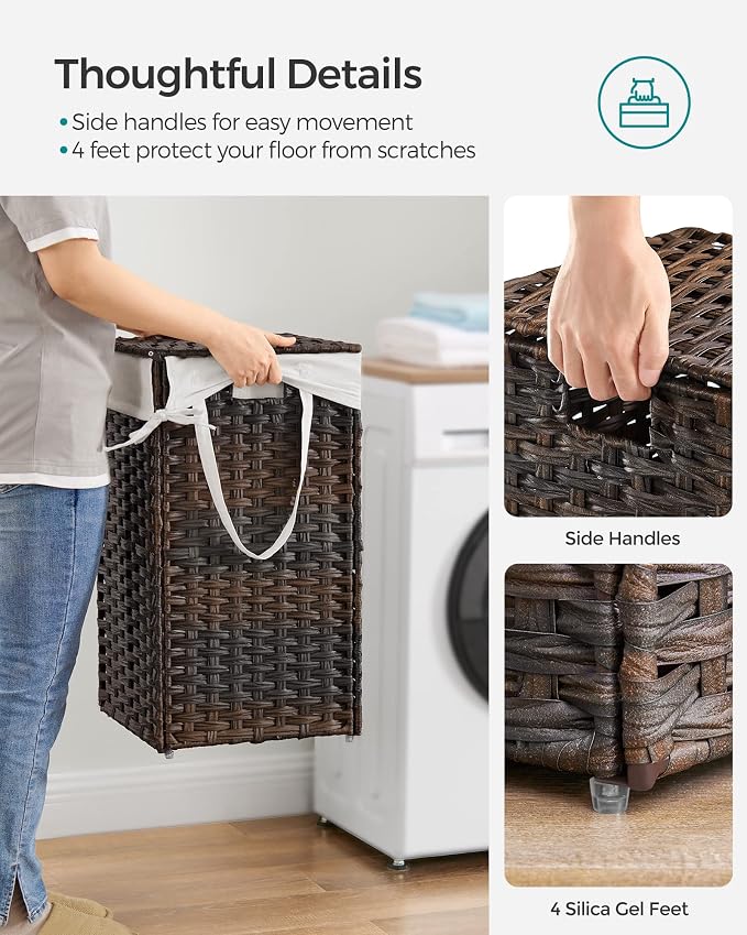 SONGMICS Laundry Hamper with Lid, 17.2 Gallon (65 L) Synthetic Rattan Clothes Laundry Basket with Lid and Handles, Foldable, Removable Liner, Chestnut Brown ULCB165K01 - Image 4
