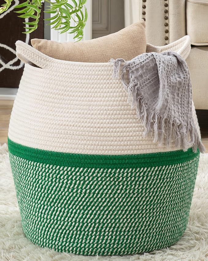 KAKAMAY Woven Baskets for Storage(17"x17"),Large Cotton Rope Woven Baby Laundry Hamper,Collapsible Laundry Basket, Blanket Basket for Organizing Living Room,Nursery,Pillows,Toy Chest(Green) by KAKAMAY