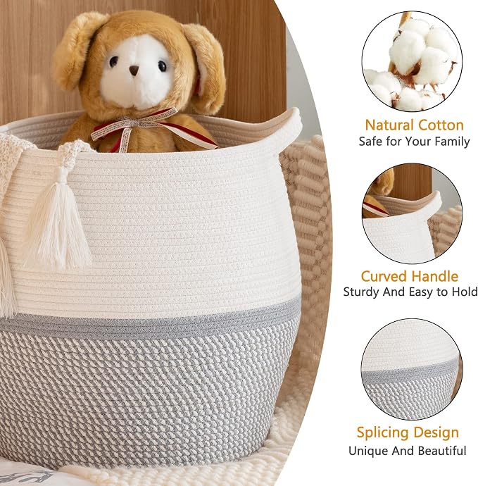KAKAMAY Woven Baskets for Storage(17"x17"),Large Cotton Rope Woven Baby Laundry Hamper,Collapsible Laundry Basket, Blanket Basket for Organizing Living Room,Nursery,Pillows,Toy Chest(Grey) - Image 2