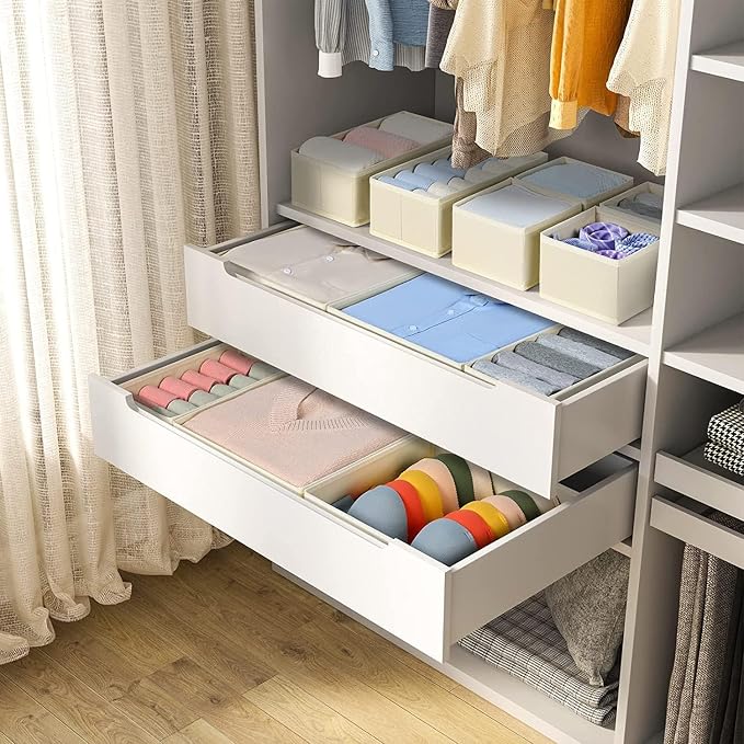 DIMJ Drawer Organiser System Drawer Organiser - Pack of 12 Storage Box Fabric Foldable Underwear Wardrobe Organiser for Clothes, Socks, Ties, Beige - Image 5