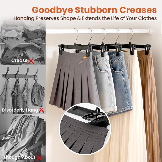HOUSE DAY Black Pants Hangers with Clips 30 Pack, 12 Inch Skirt Hangers | Non-slip clips hold trousers, skirts, shorts and jeans; 360° swivel hook allows easy access for everyday adult wardrobes - Image 5