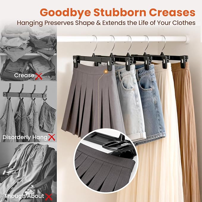 HOUSE DAY Black Pants Hangers with Clips 10 Pack, 12 Inch Skirt Hangers | For everyday adult wardrobes; non-slip clips hold trousers, skirts, shorts and jeans, with a 360° swivel hook for easy access - Image 5