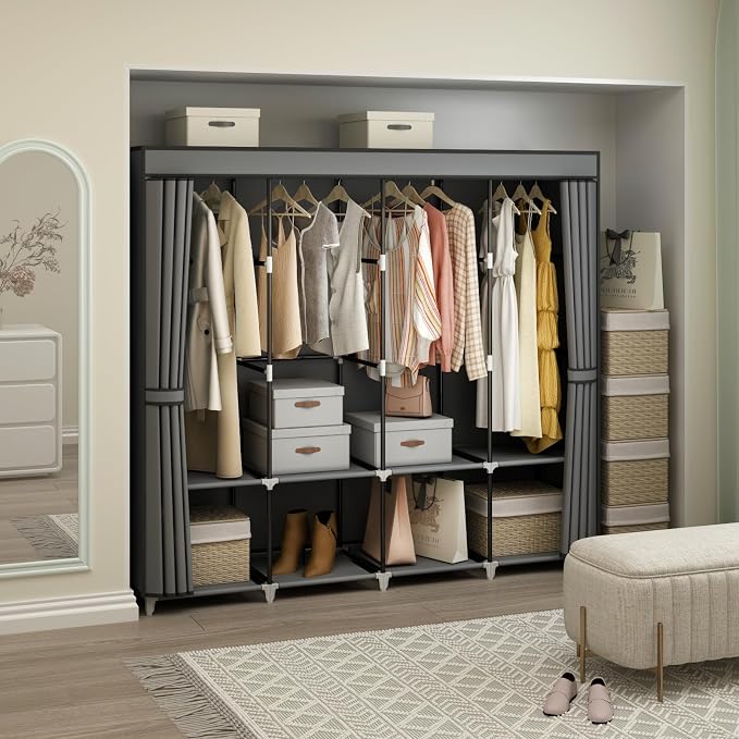 67" Portable Wardrobe Closet for Hanging Clothes, 8 Shelves 4 Rods & Cover | Non-woven Fabric Cover, 4 Clothes Hanging Rods, 8 Storage Shelves, Grey - Image 3