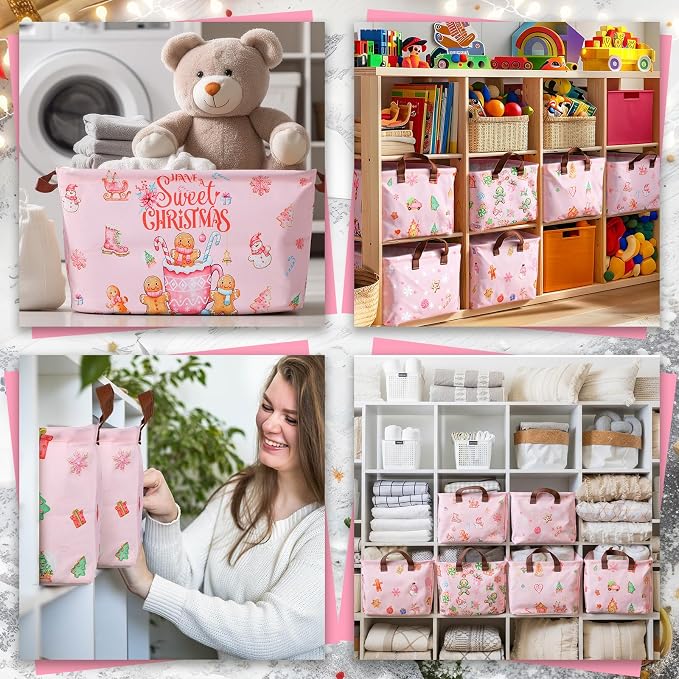 CHENGU 6 Pack Christmas Storage Basket Pink Collapsible Christmas Basket for Gifts Gingerbread Man Holiday Decor Large Gingerbread House Bin Foldable Xmas Tree Box with Handle for Bedroom Office Home - Image 6