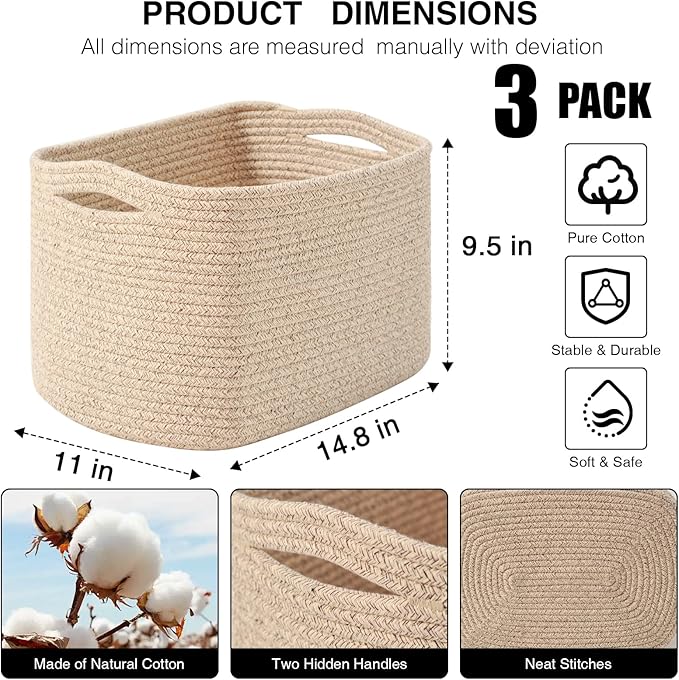 Storage Baskets for Organizing Shelves, Woven Cotton Rope Basket for Storage, Dog Toy Baskets Storage Kids, Cute Shelf Basket for Living Room Bedroom, 14.8"×11"×9.5", Pack of 3, Brown - Image 2