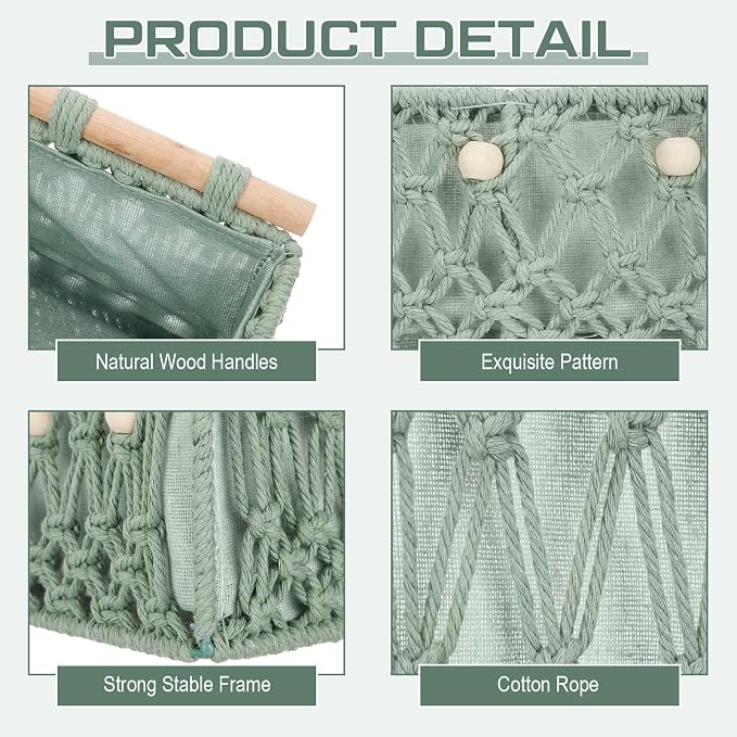 Vesici 4 Pcs Sage Green Macrame Storage Basket for Shelves 13" 11" Boho Storage Basket Hand Woven Boxes with Wood Handles Beads Decorative Countertop Toilet Cabinet Organizer for Home Decor - Image 3
