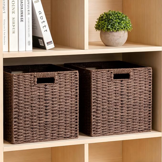 UBBCARE 2 Pack Wicker Basket, 11L×11H×10.5W inch Woven Paper Rope Storage Baskets for Shelves, Foldable Cube Storage bin with Handle, Storage Basket for Organizing & Decor, Brown - Image 4