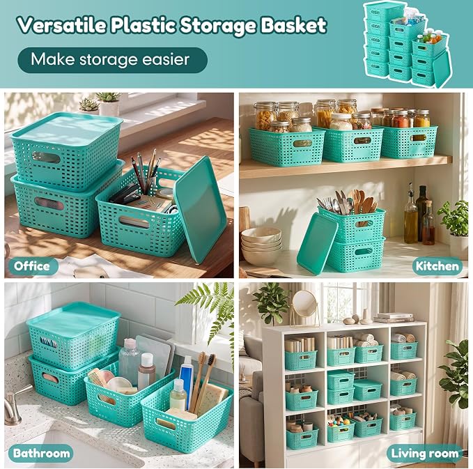 12 Pack Plastic Storage Baskets with Lids Stackable Organizing Bins Storage Baskets Organizers and Containers for Closet, Pantry, Office, 10.2 x 7.2 x 4.1 Inches(Teal) - Image 6