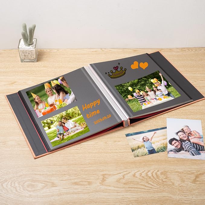 Large Photo Album Self Adhesive 4x6 8x10 10x12 13"x12.6" Scrapbook Album 12.6"x11" Inch 60 Black Sticky Pages Linen Cover Magnetic Photo Album with A Metallic Pen and DIY Stickers(Orange) - Image 2