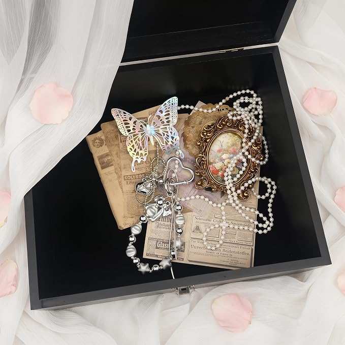 Large Wooden Keepsake Storage Box with Lid for Wedding Treasure Decorative | 10.4x12.4x5.3 Inches can Hold 8.5x11 Certificates Photos Baby Keepsakes, Black Stash Case with Black Velvet Base - Image 5