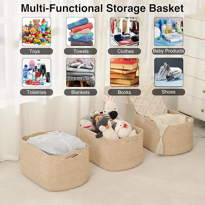 ICERZCZ Large Storage Baskets for Organizing Shelves, Woven Cotton Rope Bins for Baby Nursery Organization, Book Toy Towel Organizer, 17"x13"x9.5", 3 Packs, Brown - Image 4