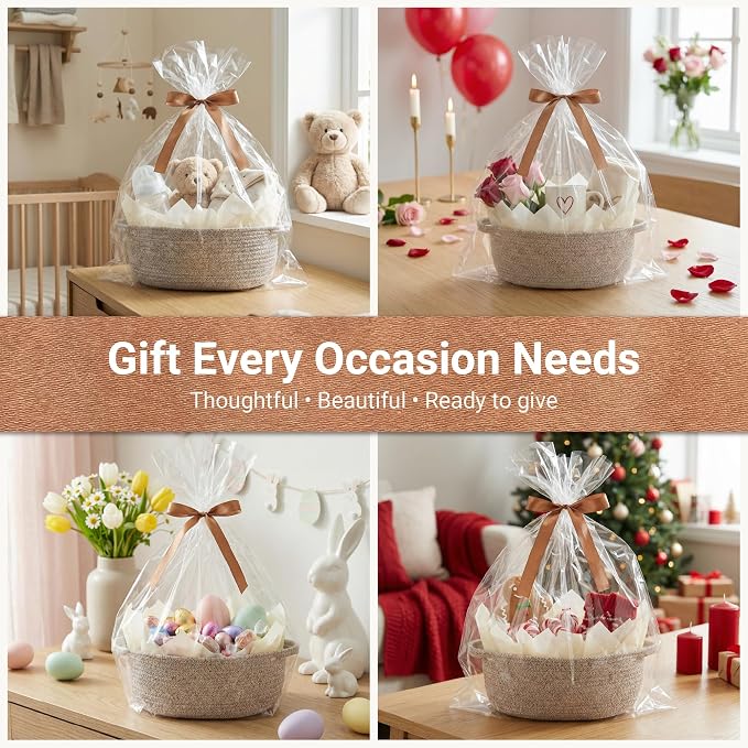 VIRETH HAUS 4pcs Small Woven Baskets with Gift Bags, Ribbons & Wrap Papers | Gift Baskets Empty to Fill for Valentines, Baby Shower, Easter, Christmas Day, Decorative Storage Bins for Toys & Home - Image 4