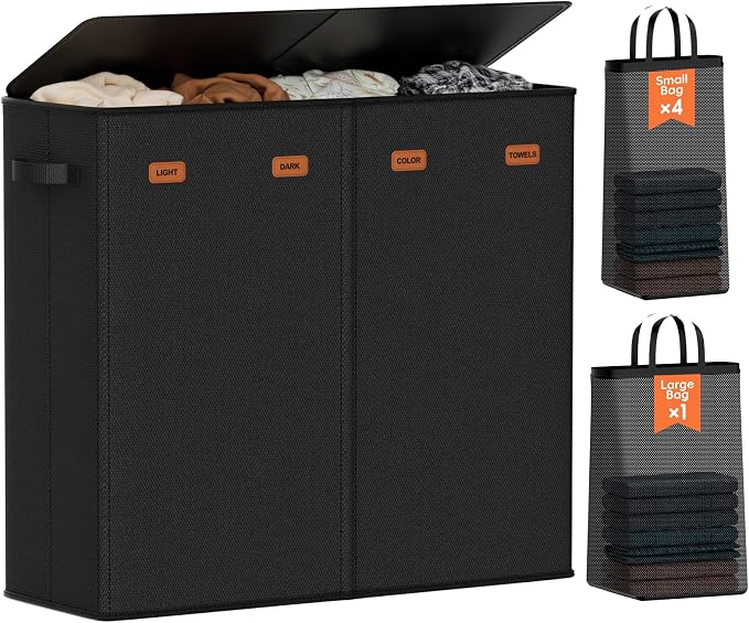 185L Laundry Hamper 4 Section with Lid | 4 Removable Bags + 1 Extra Large Bag, Switchable 3/4 Compartment, Laundry Basket Organizer for Bedroom, Laundry Room by Vexalora