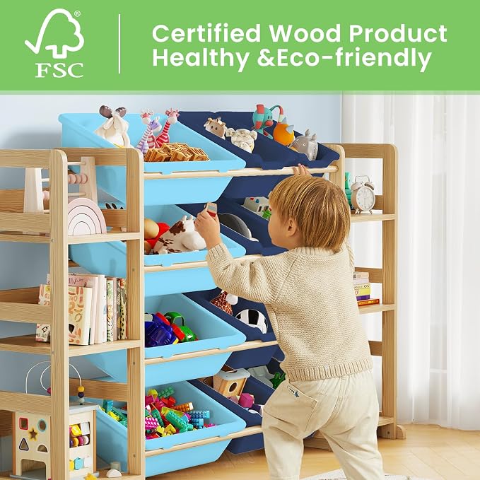 EXPERLAM Extra Large Toy Storage - Toy Storage Organizer, Wooden Toy Organizer with 6 Side Shelves and 12 Bins, 3-in-1 Bookshelf for Kids Rooms, Playroom, Nursery, Blue - Image 3