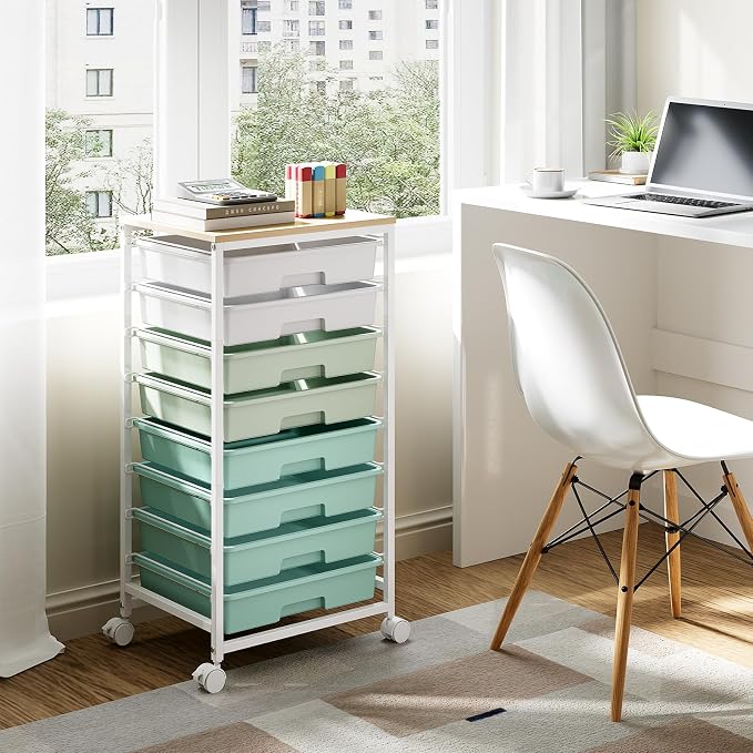 Storage Cart with 8 Drawers, Utility Cart with White Drawers and Wooden Tabletop, Craft Cart, Teacher Organization for Classroom, Storage Furniture, Office Organization, Green | Utility Cart on Wheels with Wooden Tabletop,Teacher Organization for Class... - Image 7