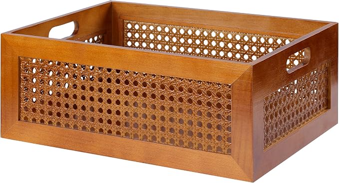 Rattan Wooden Box 15x11x6in Handmade Decorative Storage Basket with Handles | Natural Bamboo Woven Storage Basket Rustic Farmhouse Decor Home Office Tabletop Shelf Drawer Closet Desk Organizer, Brown by LaMor%C3%A9e
