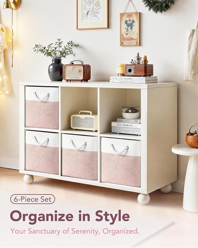 13x15x13 Inch Large Storage Bins with Cotton Rope Handles 6-Pack | Foldable, Top support of metal frame, Bottom with Cardboard Support, Fabric Cube Storage Bins for Closet, White Pink - Image 3