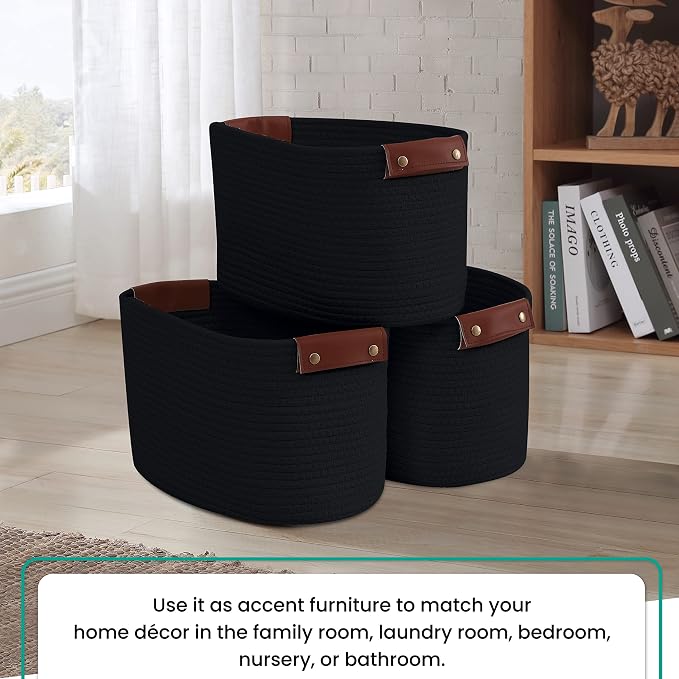 3 Pack Woven Cotton Rope Storage Basket, 15x10x9, Black | Faux Leather Handles; Decorative Closet Shelf Organizer; Ideal for Storage & Organization - Image 6