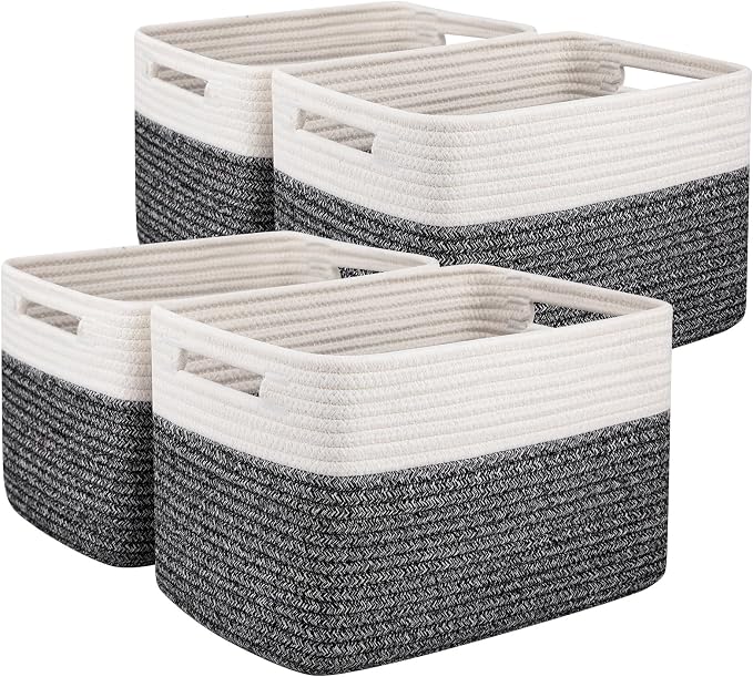 OIAHOMY 4 Pack Storage Basket, 13"x9"x7.8" Cotton Rope Baskets for Shelves, Closet Organizer for Bedroom & Living Room, Soft Decorative Bins for Organizing Towels, Books & Toys, Black & White by MasterofSpaceOptimization