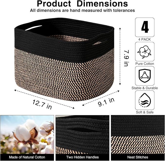 Small Storage Baskets for Organizing Shelves, Cotton Rope Basket for Storage, Cute Rectangular Book Toy Basket, 12.7"×9.1"×7.9", 4 Packs, Black & Jute - Image 2