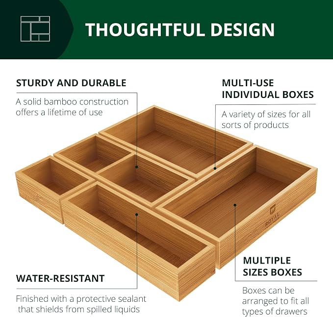 ROYAL CRAFT WOOD Premium Carbonized Bamboo Decorative Boxes - Drawer Organizer Set (5-Piece) – Wood Storage Boxes for Kitchen, Bathroom, Office & Makeup - Image 3