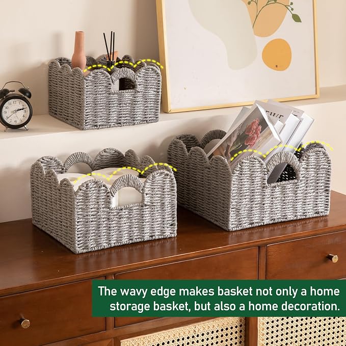 OIAHOMY Scalloped Wicker Baskets, Hand-woven Storage Baskets with Built-in Handles, Paper Rope Shelf Baskets for Organizing and Decoration, Set of 3-Grey - Image 6