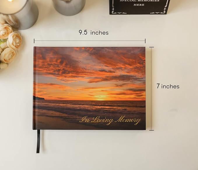 Sunset Hardcover Funeral Guest Book - 9.5 x 7 Celebration of Life Guestbook for Memorial Service with 5x7 Paper Sign, Pen, Black Photo Corner Stickers - Image 3
