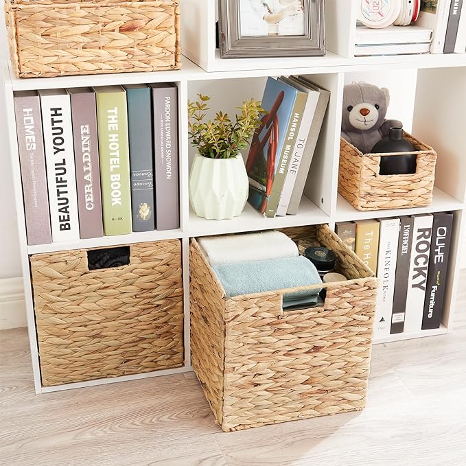 Storage Basket, Set of 2 Hand-woven Water Hyacinth Storage Baskets, Foldable Wicker Storage Basket 9 Inch Cube Storage Bins for Shelves Organizer Square Shelf Baskets, 9''x9''x9'' - Image 3