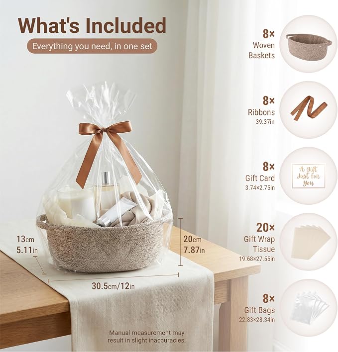 VIRETH HAUS 8pcs Small Woven Baskets with Gift Bags, Ribbons & Wrap Papers | Gift Baskets Empty to Fill for Valentines, Baby Shower, Easter, Christmas Day, Decorative Storage Bins for Toys & Home - Image 2