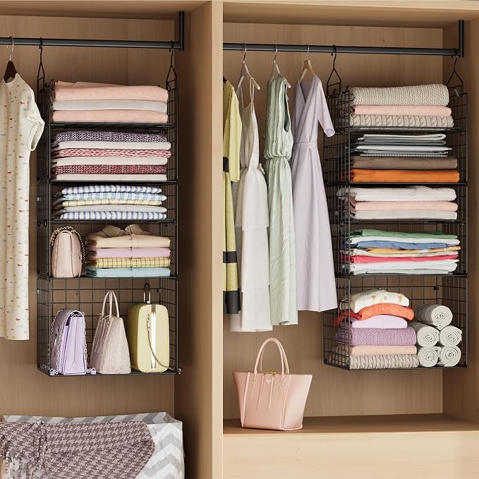X-cosrack Closet Hanging Organizer Shelves - 5 Tier Wardrobe Organizers and Storage Bin, Hanging Organizer Shelves, Clothes Shelf with Adjustable Dividers for Bedroom Closet Sweater Shoes Handbag - Image 2