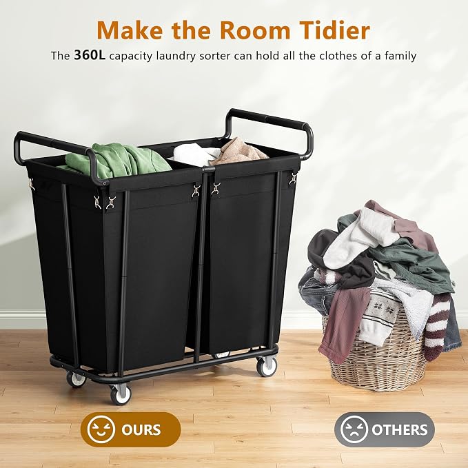 Gewudraw Heavy Duty Laundry Hamper with Wheels 2 Section, 360L, Black | Big Rolling Laundry Basket Sorter Cart, Extra Large Clothes Hamper, Laundry Basket Organizer for Laundry Room, Bathroom - Image 6