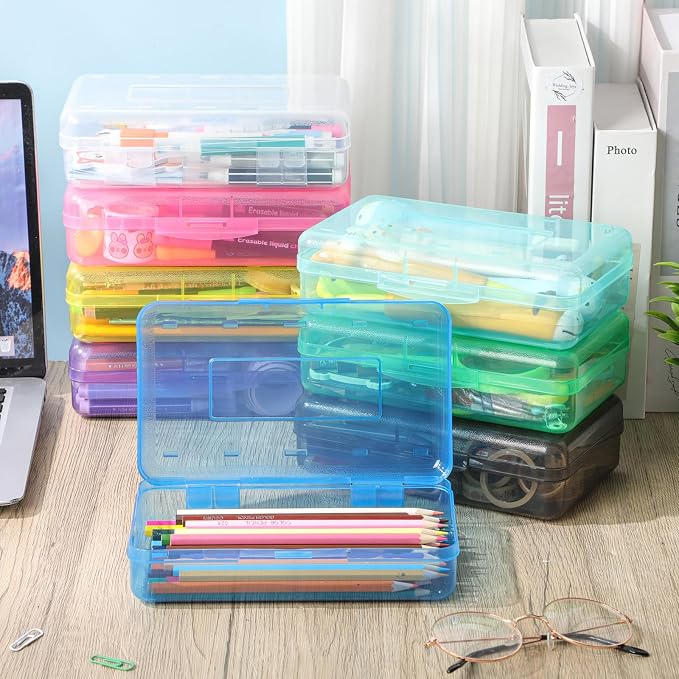 Outus 16 Pcs Plastic Pencil Box Large Crayon Maker Box with Snap Lid Plastic Pencil Case Office Supplies Organizer for Craft Painting Brush (Black,Purple,Navy,Pink,Yellow,Green,Blue,Clear) - Image 4