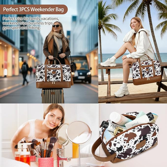 3PCS Weekender Bags for Women Large Overnight Bag, Brown Cow | Weekender Travel Duffel Bags Carry on Shoulder with Shoe Compartment Toiletry Bag Satchel Bag for Travelling Business Gym - Image 2