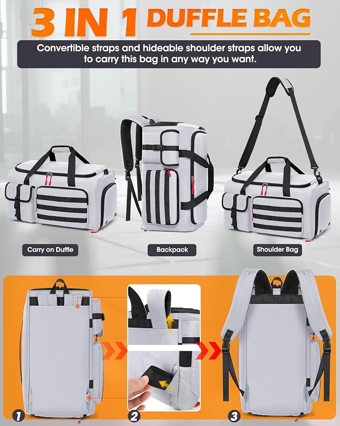 RAINSMORE Gym Bag for Men, 45L Sports Travel Duffel Bag with Shoe & Laptop Compartment, Gym Workout Backpack Carry On Weekender Bag Overnight Backpack for Travel, Grey - Image 2