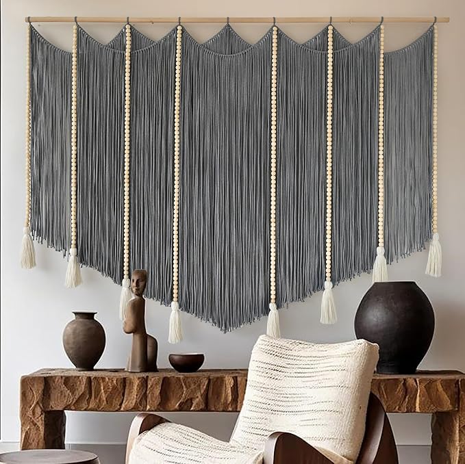 Jakalin Macrame Wall Hanging Grey Woven Yarn Large Boho Wall Art 57" x 43" | Handwoven Cotton, Fiber Wall Art, Grey Dip dye Design, Home Decor Boho, Macrame Yarn, Living Room, Bedroom Wall Decor - Image 2