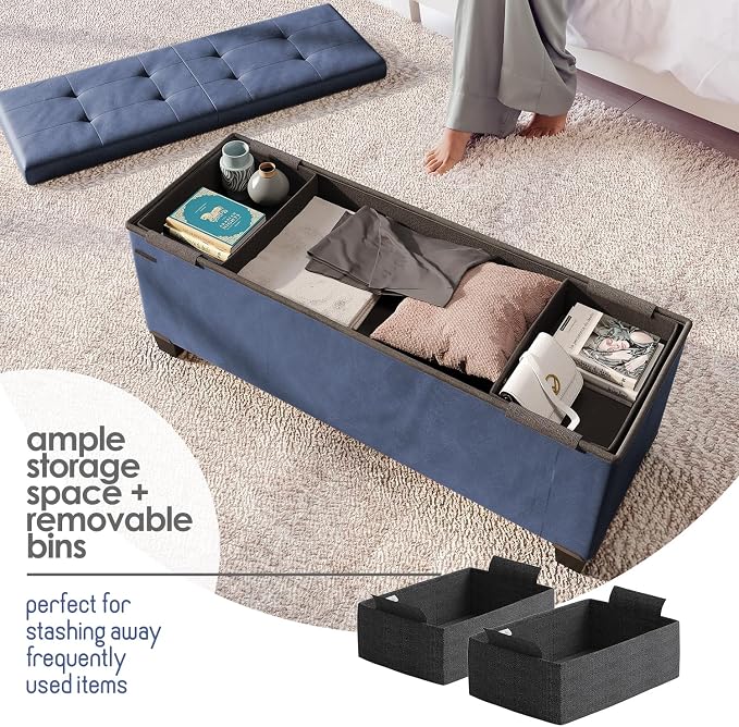 Storage Ottoman Bench with Bins, 43-in Storage Bench for Bedroom End of Bed, Folding Foot Rest Ottoman for Living Room Max 660lbs, Leather Ottomans, Blue - Image 4