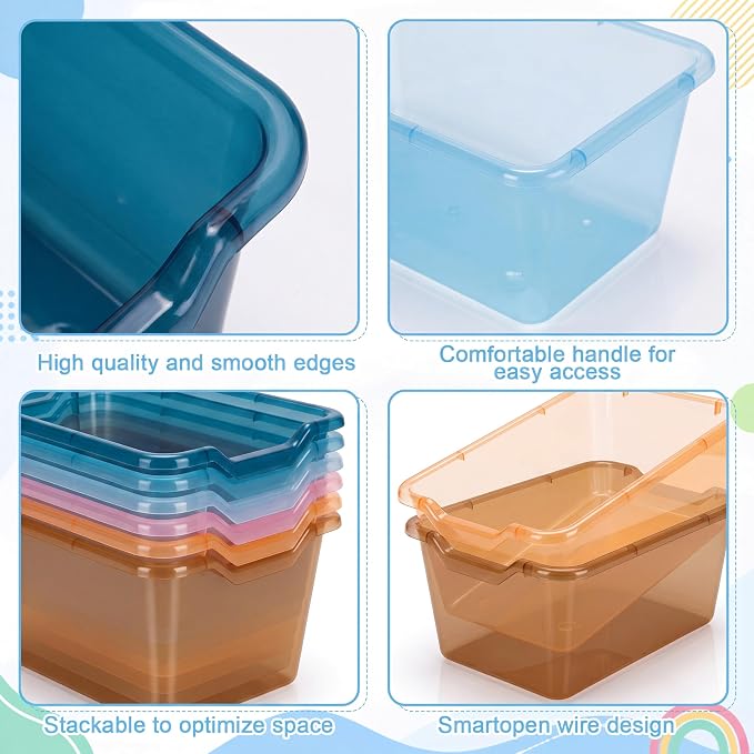 Funrous 24 Pack Plastic Cubby Bins for Classroom, Stackable Storage Bins with Rainbow Labels and Handles Cubby Organizer Containers for Teacher Supplies Home Office Daycare and Playroom (Blue) - Image 3